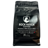 Black coffee bag with 'Rock Haven Coffee' branding on a white background